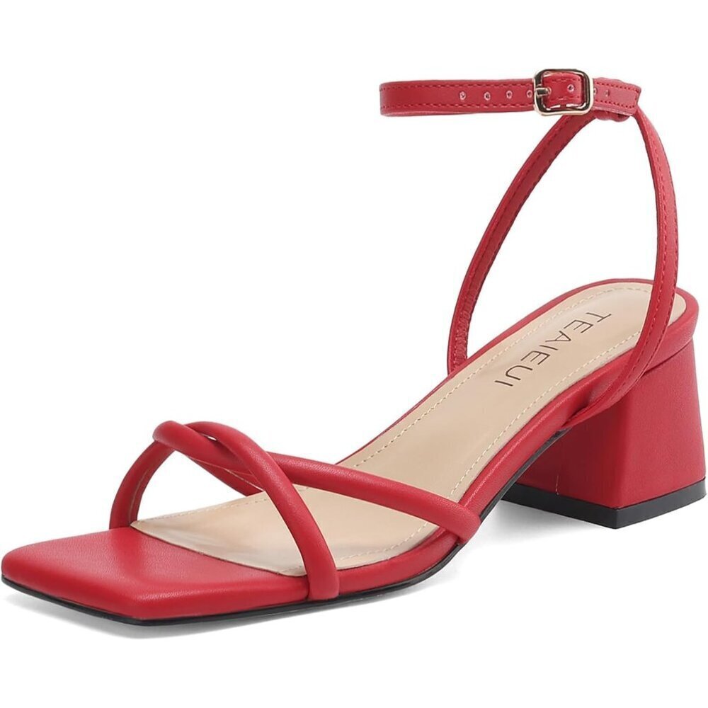 Women's Red Open Square Toe Chunky Block Sandals Chic Strappy Heels Shoes